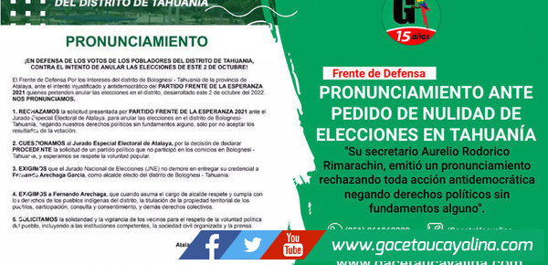 Frente de Defensa en Tahuanía se pronuncia ante pedido de nulidad de elecciones en ese distrito