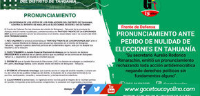 Frente de Defensa en Tahuanía se pronuncia ante pedido de nulidad de elecciones en ese distrito