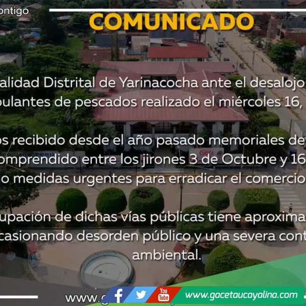 Municipalidad de Yarinacocha envia Comunicado ante desalojo de vendedores ambulantes