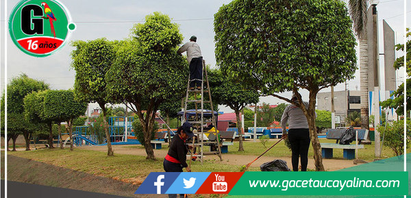 Personal municipal embellece la Plaza Arica bajo la dirección del alcalde Roger Galán Torres