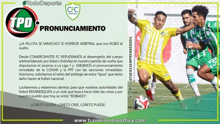 Comerciantes FC exige sanciones contra cuerpo arbitral del partido contra Juan Pablo II