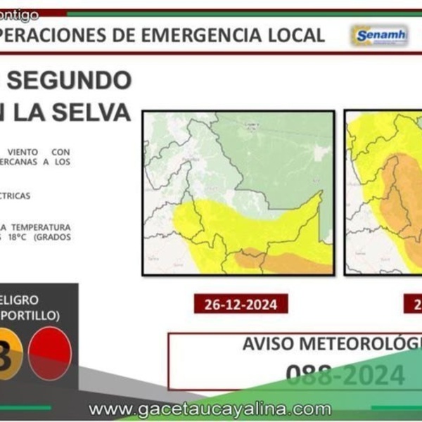 Pronostican lluvias en Pucallpa los días 26 y 27
