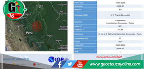 Sismo de magnitud 5.0 sacude Pasco, Perú, este viernes 24 de mayo