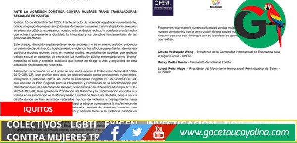 Colectivos LGBTI exigen investigación por ataque contra mujeres trans en Iquitos.