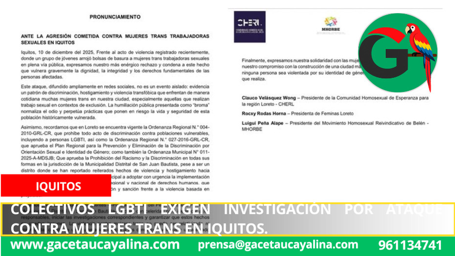 Colectivos LGBTI exigen investigación por ataque contra mujeres trans en Iquitos.