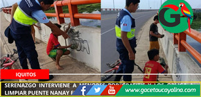 Serenazgo interviene a menores por grafitis y los obliga a limpiar puente Nanay en Iquitos.