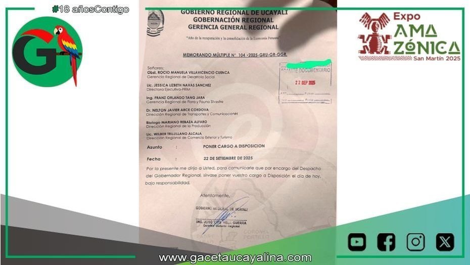 Gobierno Regional Ucayali solicita renuncia de seis altos funcionarios