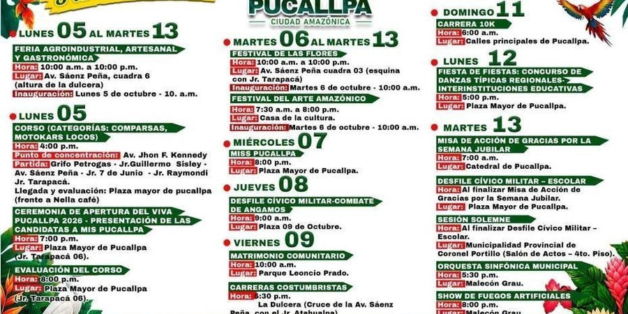 Pucallpa celebra su Semana Jubilar con cultura, tradición y espectáculos del 05 al 13 de octubre
