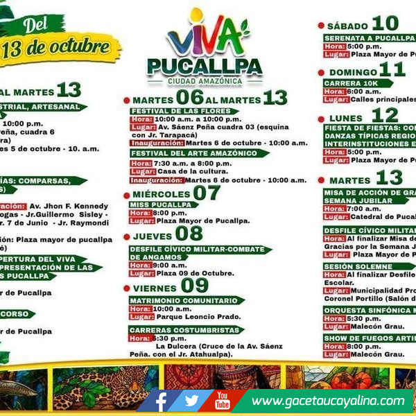 Pucallpa celebra su Semana Jubilar con cultura, tradición y espectáculos del 05 al 13 de octubre