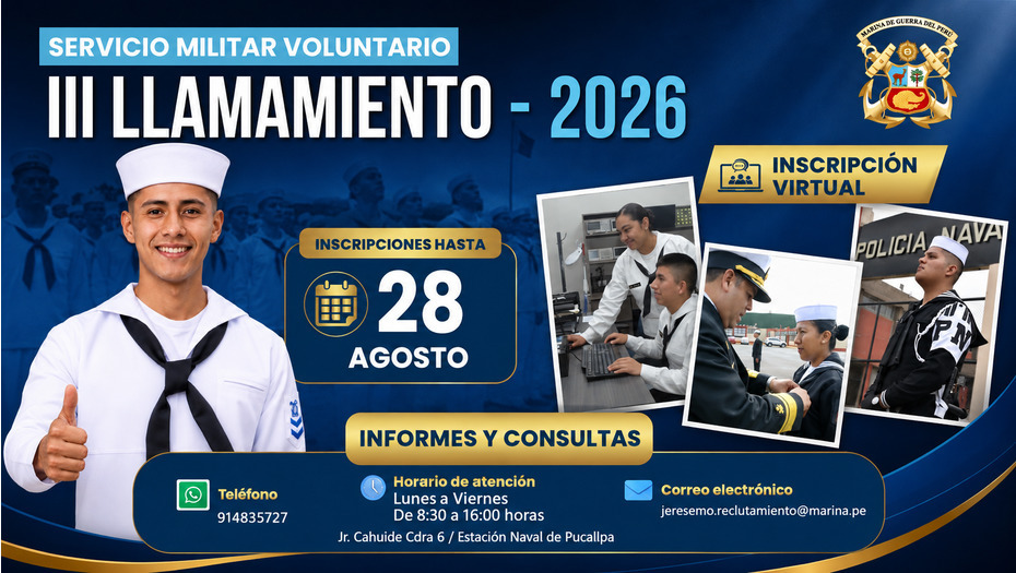 Marina de Guerra abre inscripciones para Servicio Militar Voluntario 2026 en Ucayali