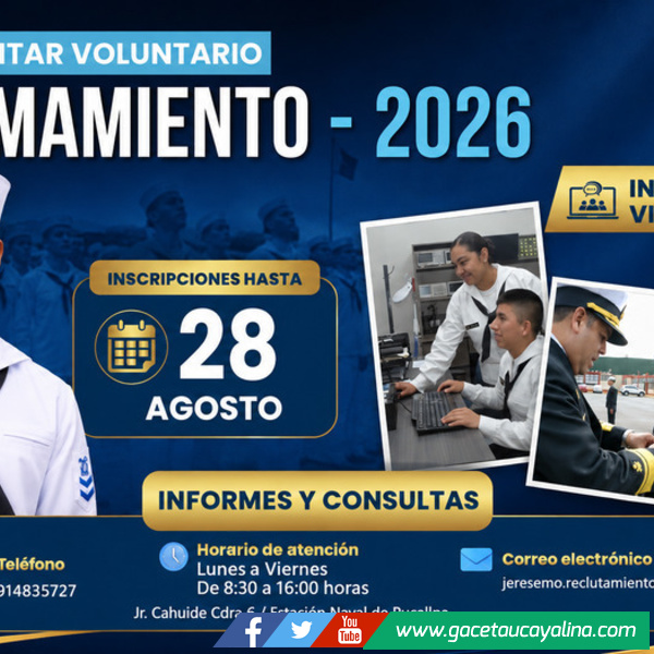 Marina de Guerra abre inscripciones para Servicio Militar Voluntario 2026 en Ucayali